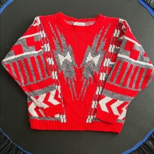 Vintage 90s Rave Sweater. Red, White, & Grey Geometric Pattern. Fits Size Small